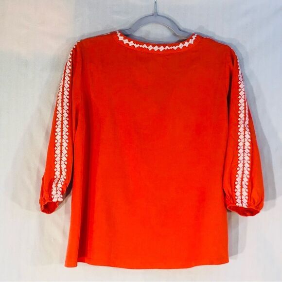 Solitaire Orange Rayon 3/4” Sleeve V Neck Embroidered Top M - Picture 4 of 7
